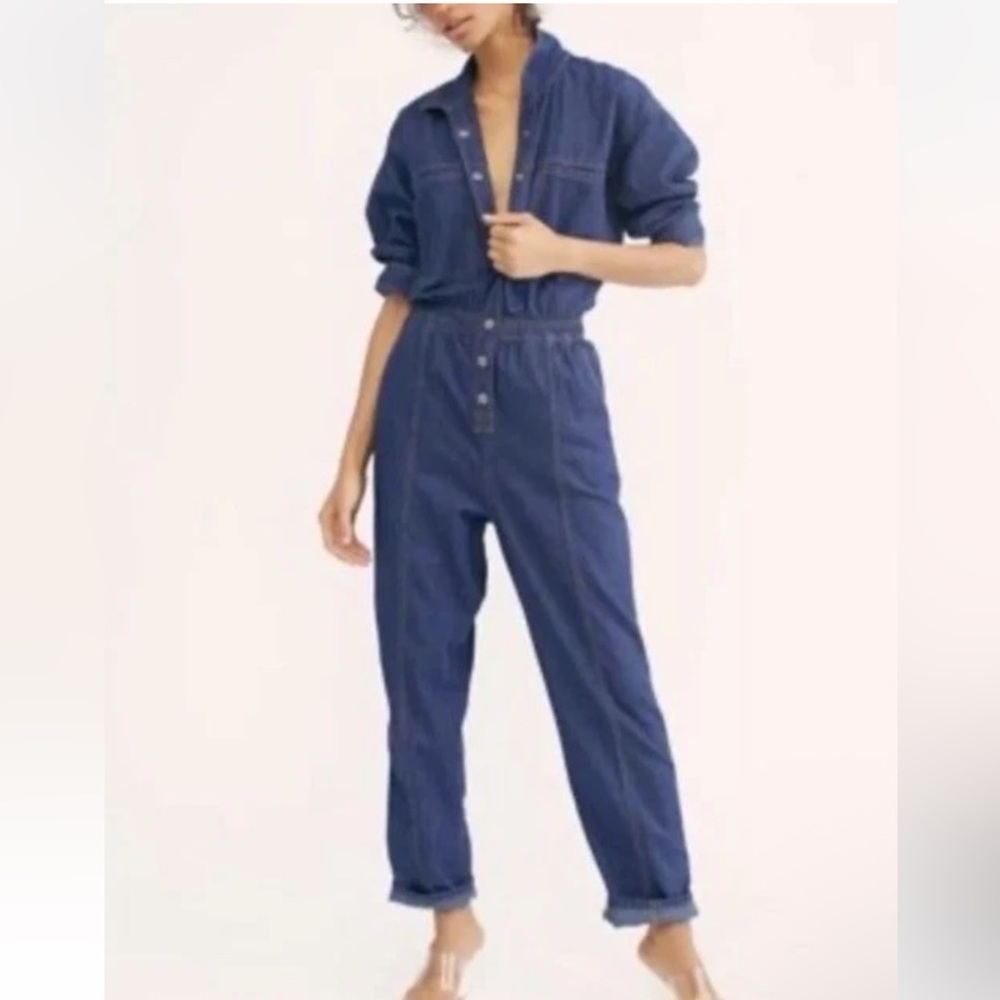 Free People We The Free Snap Long Sleeve Dark Wash Coverall Jumpsuit NWOT Sz S